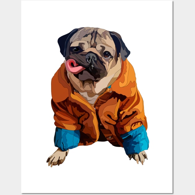 Pug in an autumn coat Wall Art by stripedbeetlee